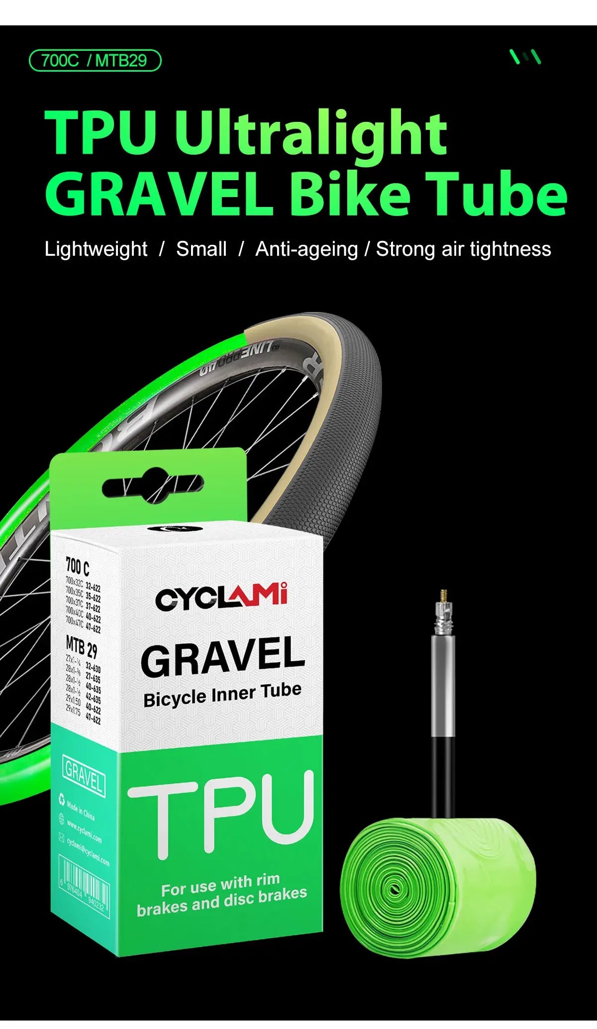 Cyclami Ultraleicht Schlauch 700x32/47c – Sclaverand-Ventil 45mm – TPU für Gravelbikes