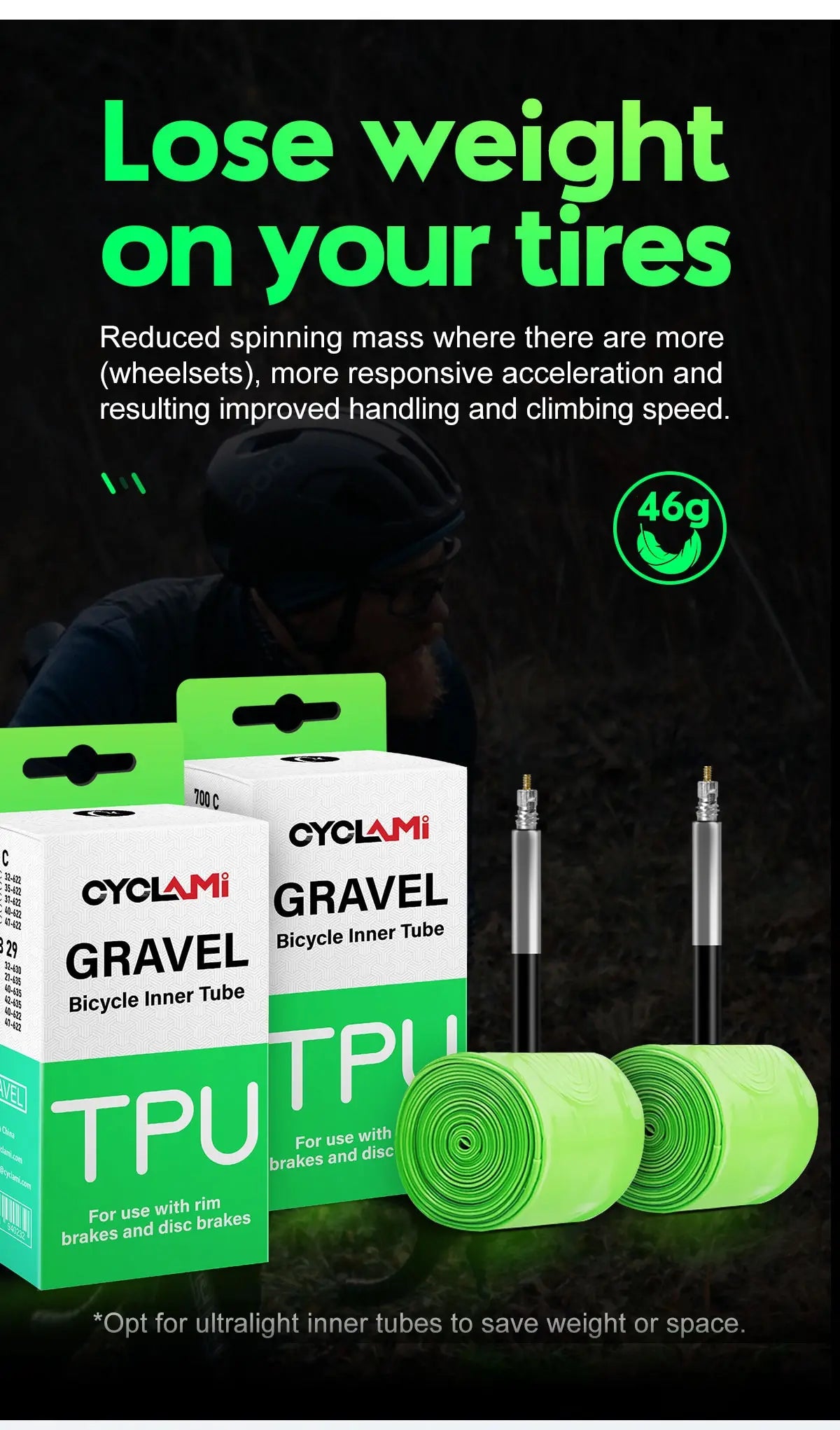 Cyclami Ultraleicht Schlauch 700x32/47c – Sclaverand-Ventil 45mm – TPU für Gravelbikes